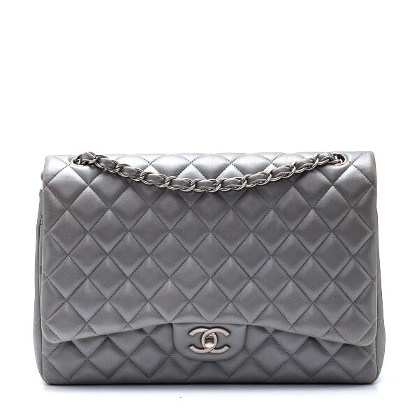 Chanel  - Silver Quilted Calfskin Leather Maxi Jumbo Double Flap Bag 
